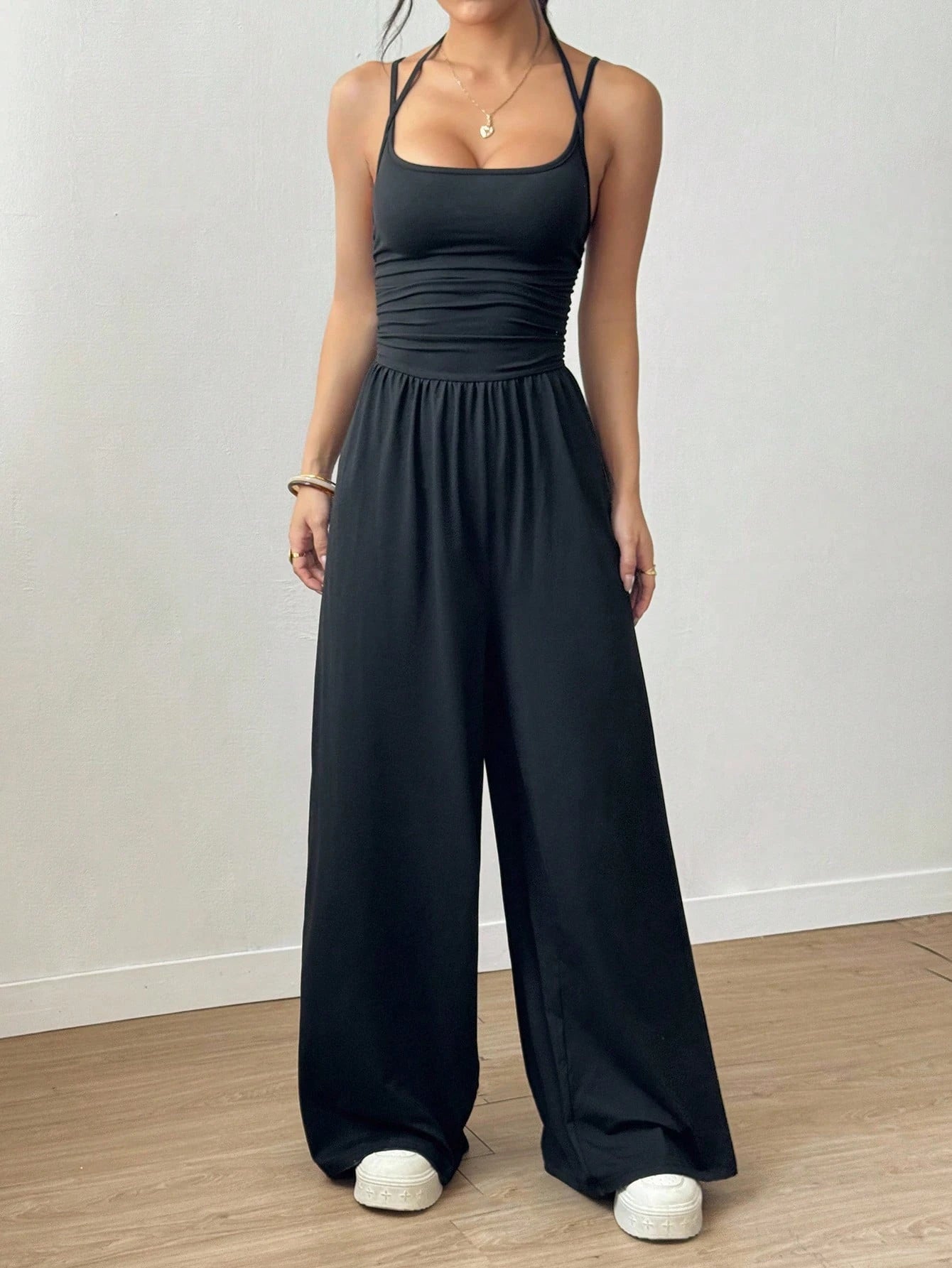 Women's Casual Pleated Loose Straight Leg Jumpsuit