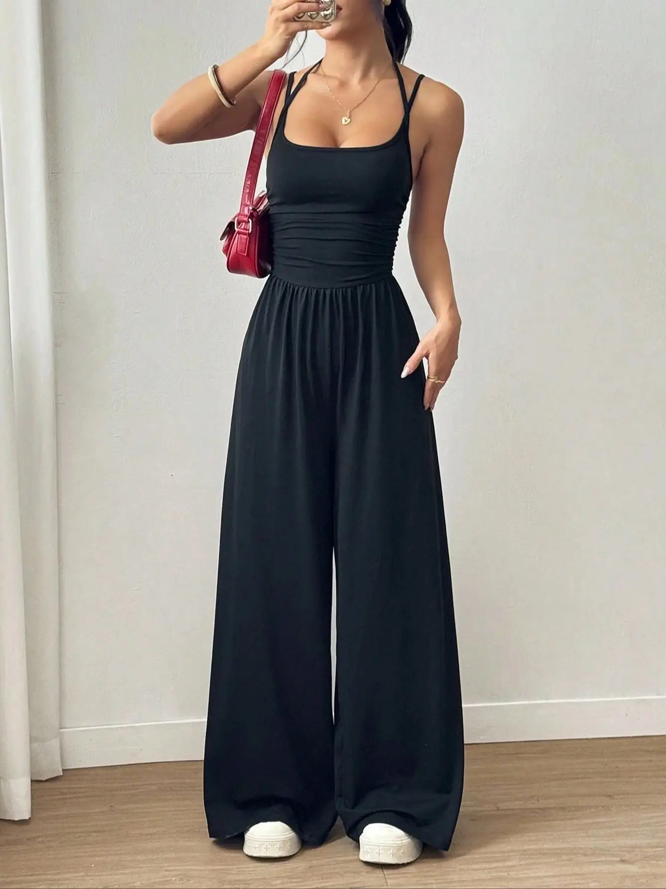 Women's Casual Pleated Loose Straight Leg Jumpsuit