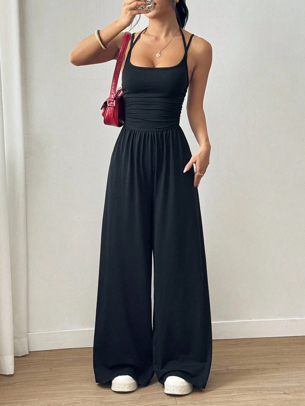 Women's Casual Pleated Loose Straight Leg Jumpsuit, Spring/Summer