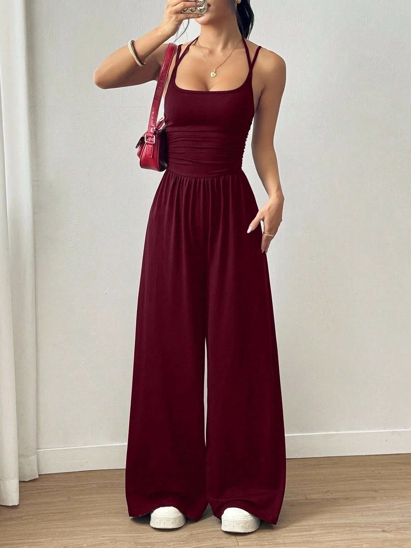 Women's Casual Pleated Loose Straight Leg Jumpsuit